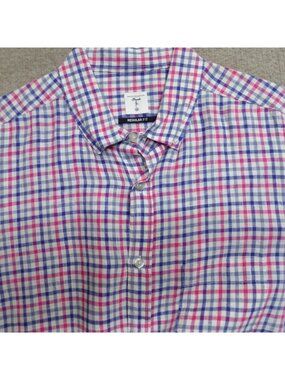 Mudo Shirt Medium Blue White Fuschia Plaid Check 100% Linen